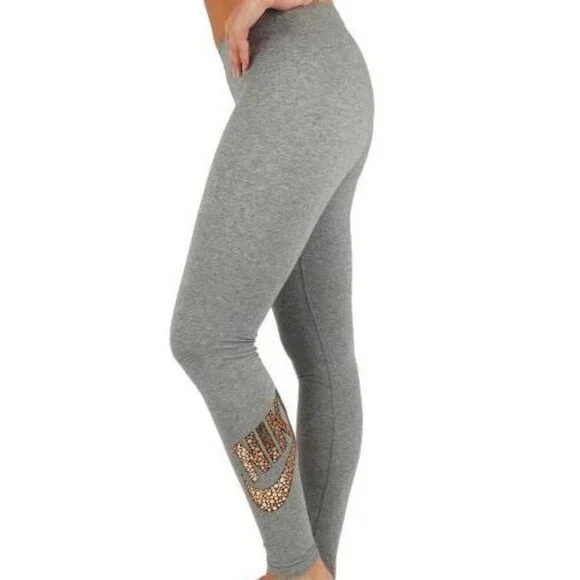 Nike Women Gray Gold Swoosh Just Do It Logo Lightweight Leg A See Legging Size L - Picture 5 of 14